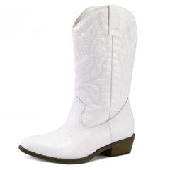 Embroidered Mid-Calf Western White Boots