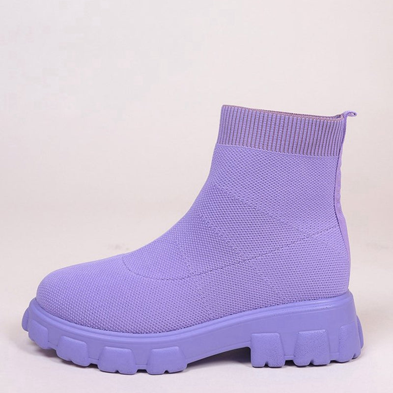 Mysoft Solid Color Round Toe Slip-on Platform Knitted Ankle Boots