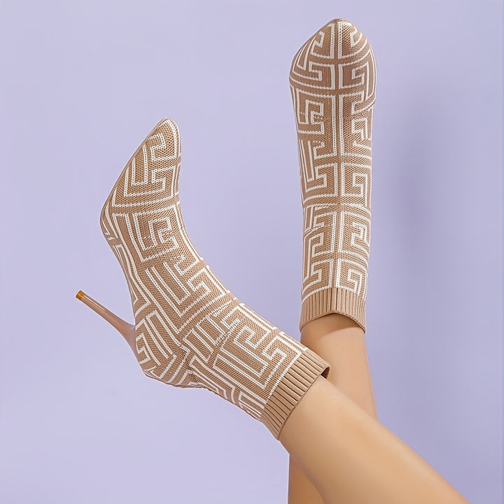 Mysoft Geometric Pattern Flying Woven Pointed Toe Stiletto Heeled Sock Boots