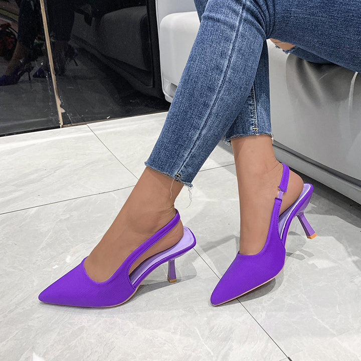 Mysoft Solid Color Stiletto Heeled Pointed Toe Slingback Pumps