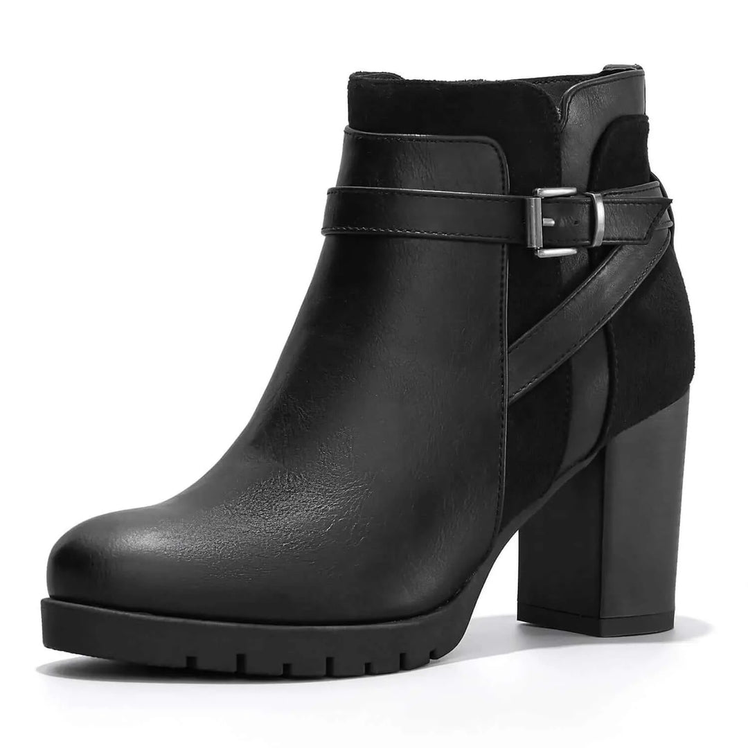 Black Chunky High Heel Ankle Strap Boots