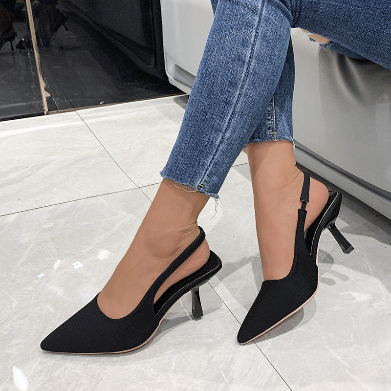 Mysoft Solid Color Stiletto Heeled Pointed Toe Slingback Pumps