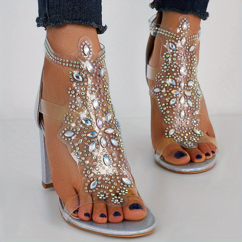 Mysoft Rhinestone Transparent Vamp T-strap Chunky Heel Sandals