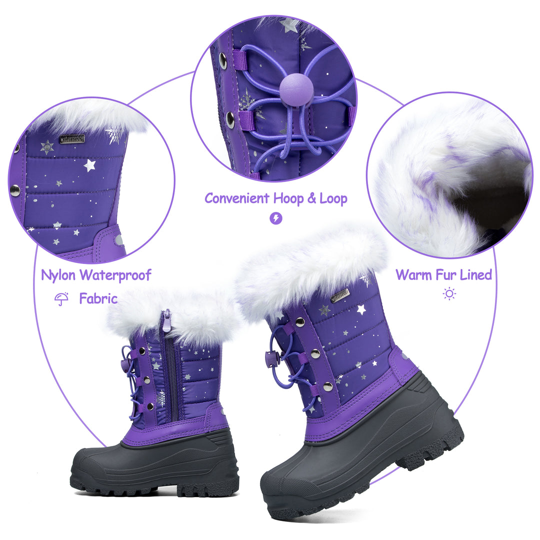 Purple Fur Collar Glitter Stars Waterproof Snow Boots - MYSOFT