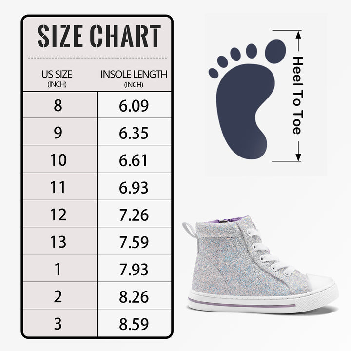 Kids Canvas High Top Sneakers with Zipper White Glitter