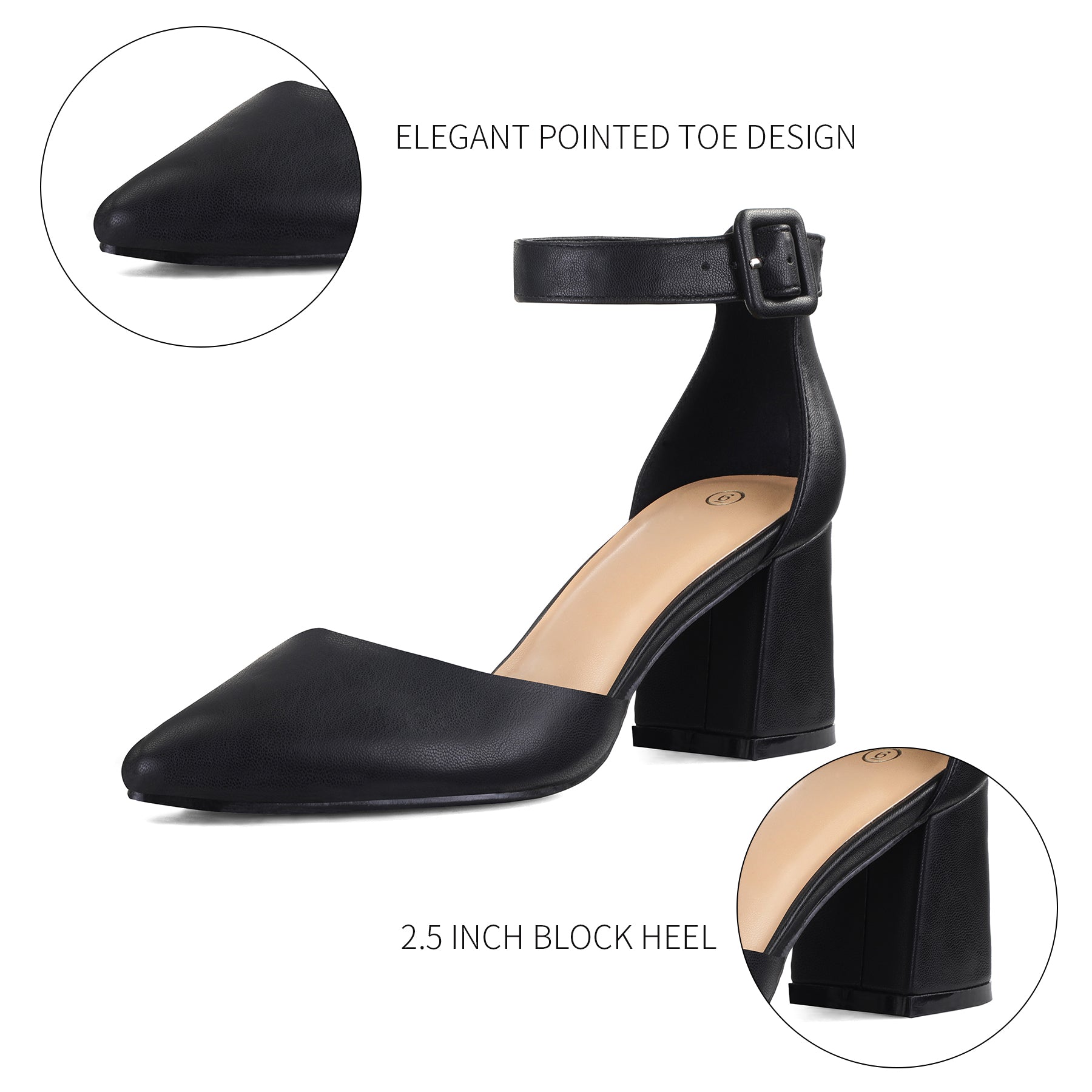 2.5" Pointed Toe Closed Toe Ankle Strap Low Chunky Heels Black