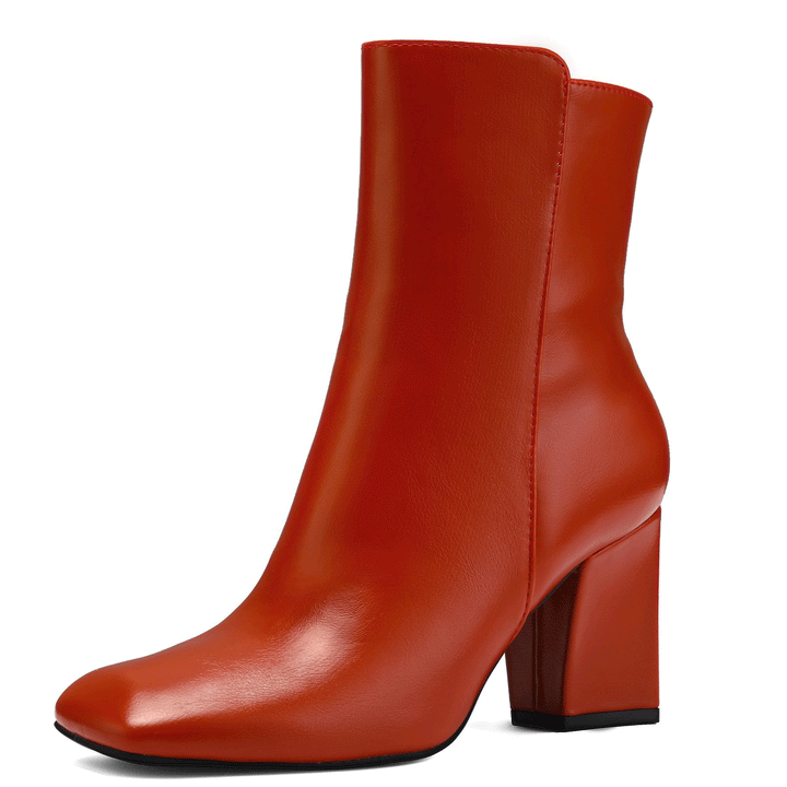 Matte Leather Chunky Heel Square Toe Booties - MYSOFT