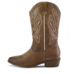 Embroidered Mid-Calf Western Light-brown Boots