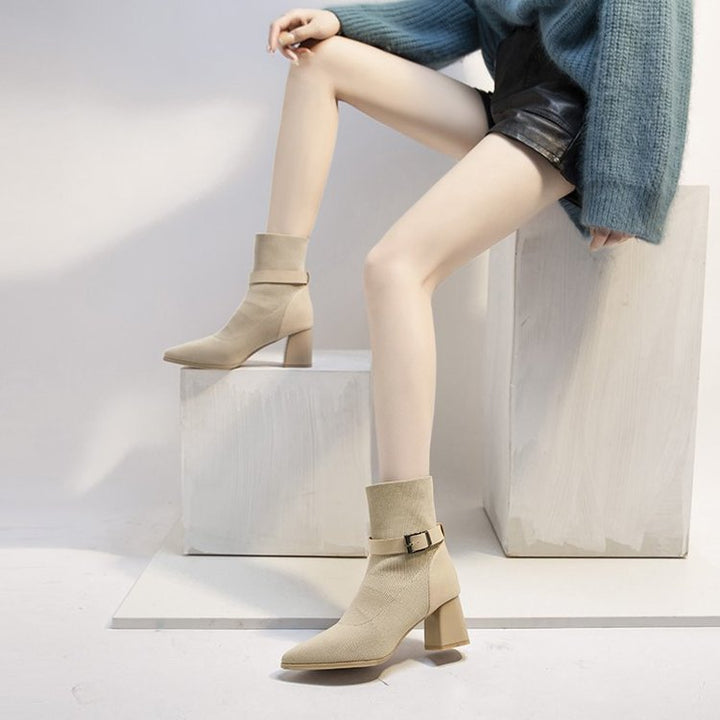 Mysoft Buckle Strap Sock Ankle Boots