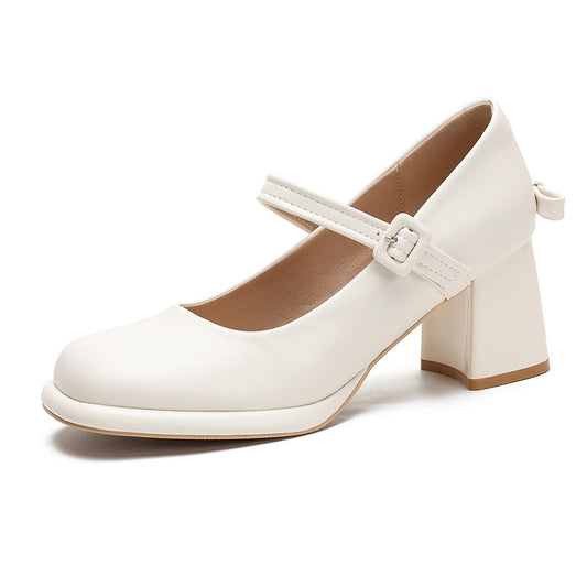 Fashionable Pearl Bow Mary Jane Square Toe White Pumps