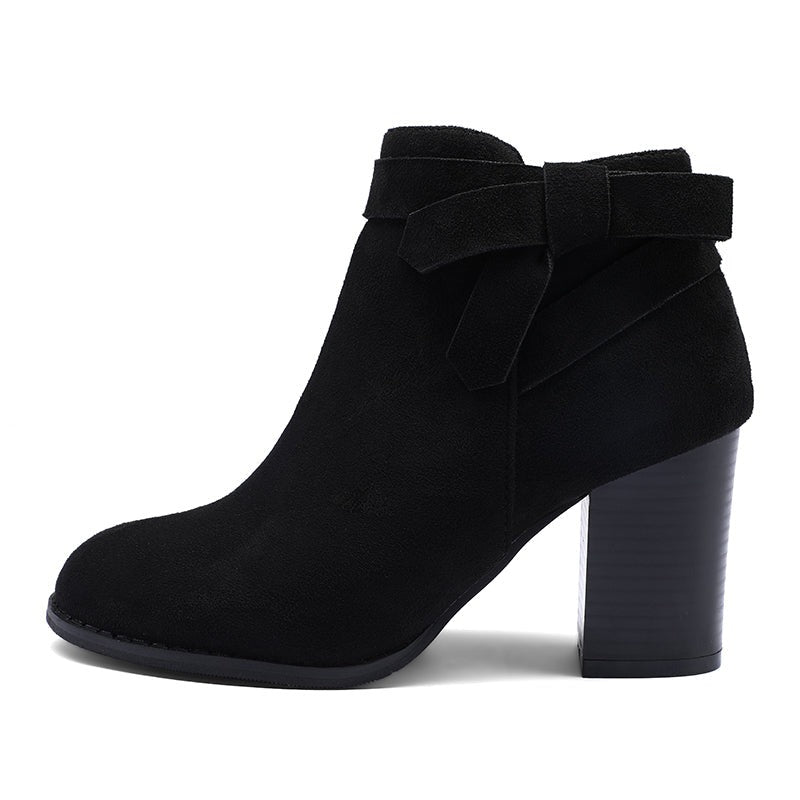 Suede Bow Tie Stacked Heel Ankle Boots - MYSOFT
