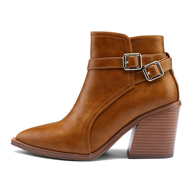 Buckle Strap Chunky Heel Pointed Toe Ankle Booties - MYSOFT