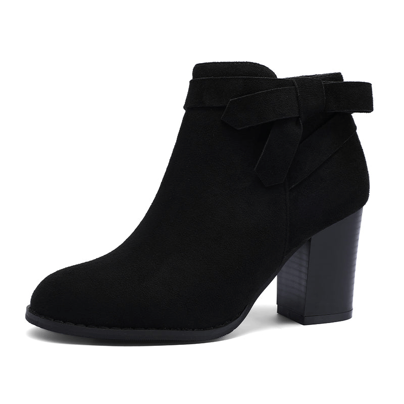 Suede Bow Tie Stacked Heel Ankle Boots