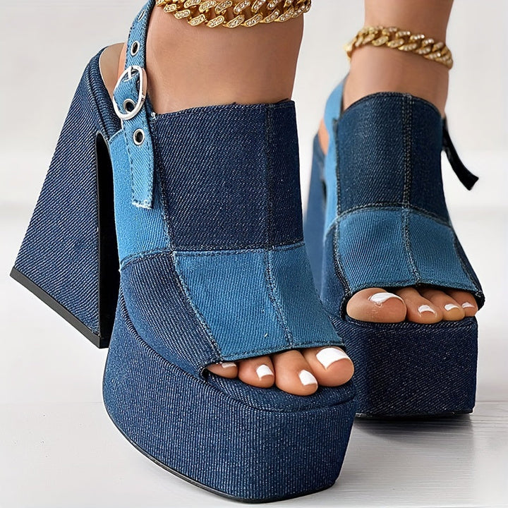 Mysoft Denim Plaid Platform Peep Toe Slingback Chunky Heel Sandals