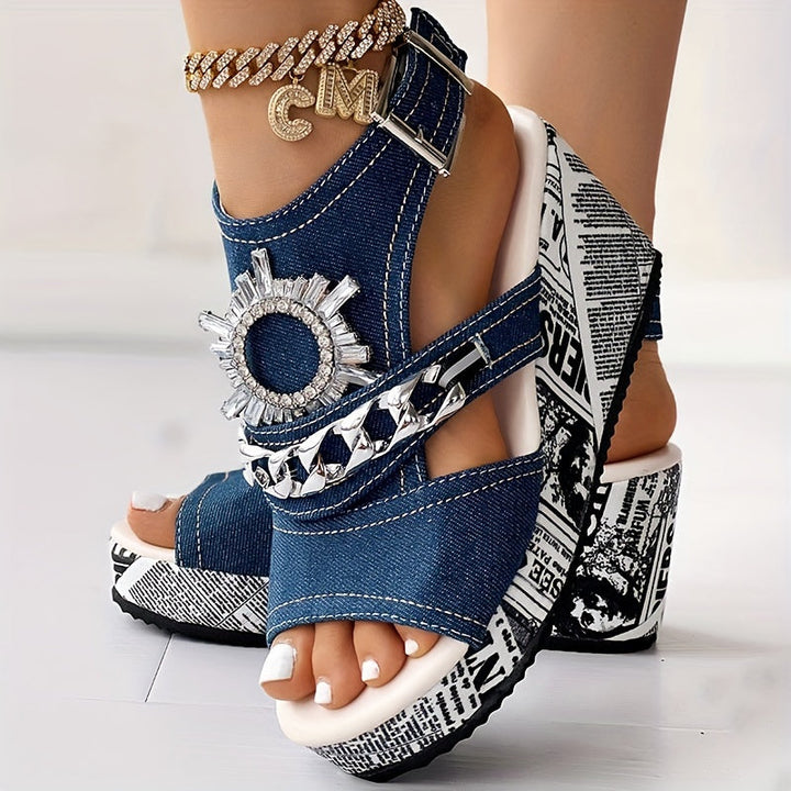 Mysoft Denim Chain & Rhinestone Decor Slingback Open Toe Platform Wedge Sandals
