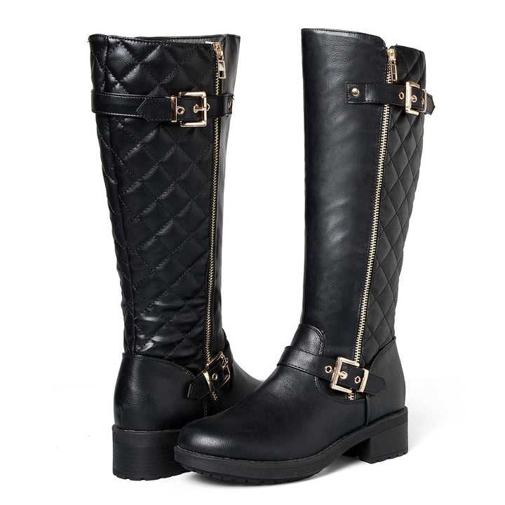 Buckle Side Zip Leather Knee High Boots - MYSOFT