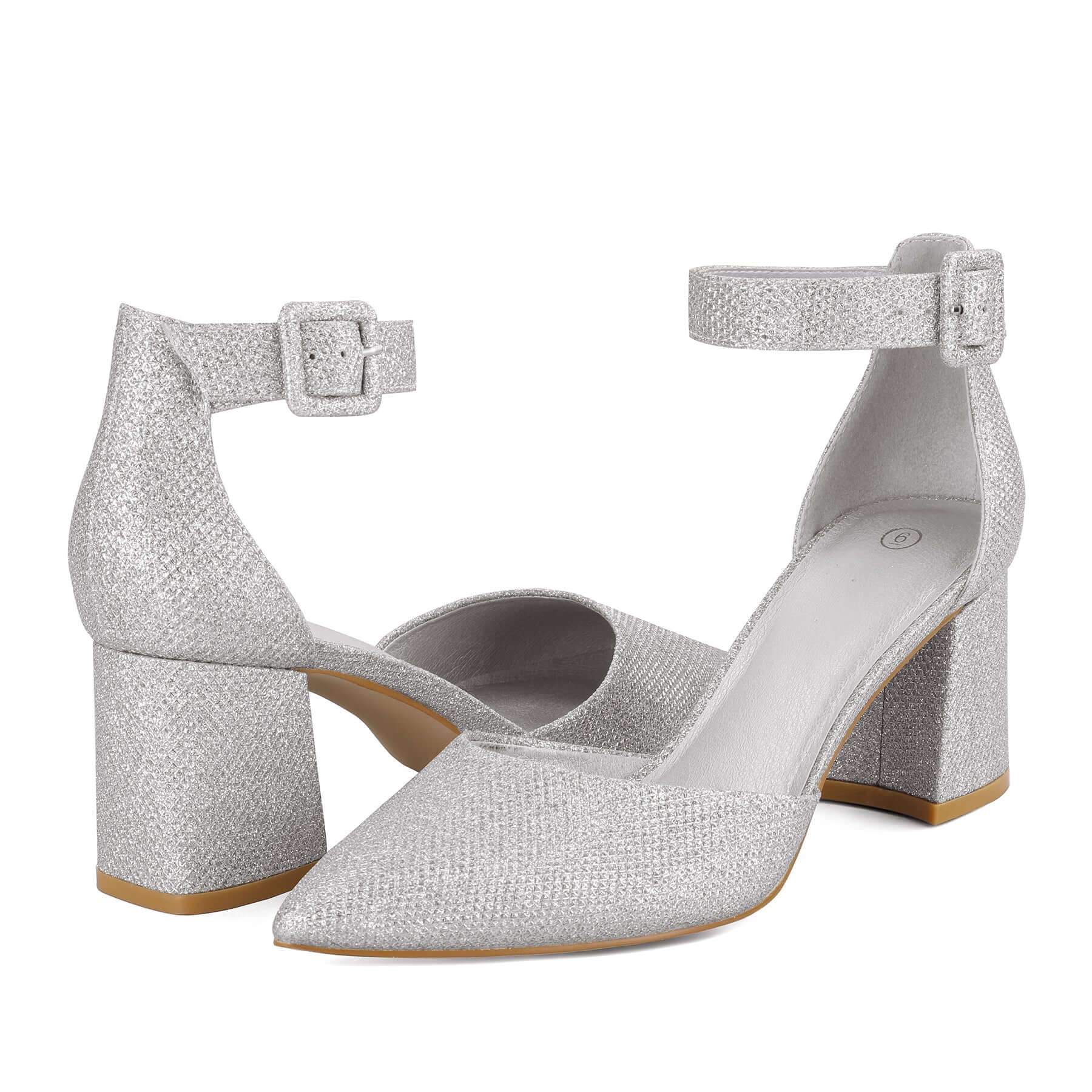 2.5" Pointed Toe Closed Toe Ankle Strap Low Chunky Heels Glitter - MYSOFT