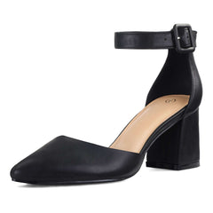 2.5" Pointed Toe Closed Toe Ankle Strap Low Chunky Heels Black - MYSOFT