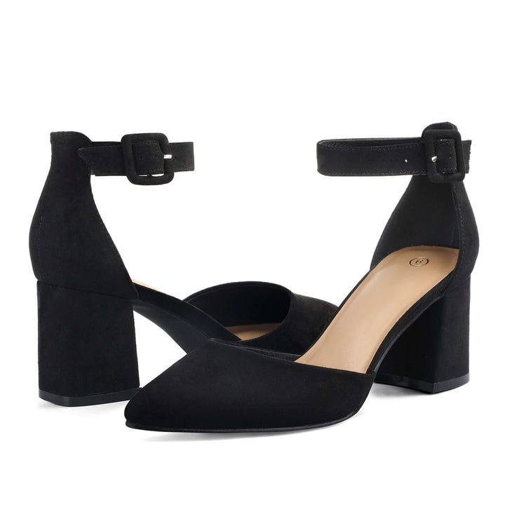 2.5" Pointed Toe Closed Toe Ankle Strap Low Chunky Heels Black - MYSOFT