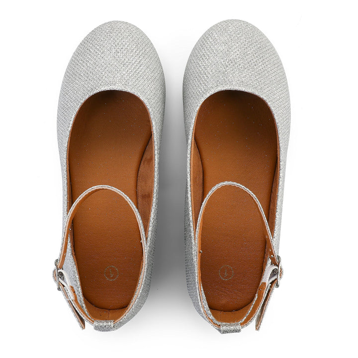 Kids Dress Shoes-Silver Glitter Ankle Strap Ballet Flats