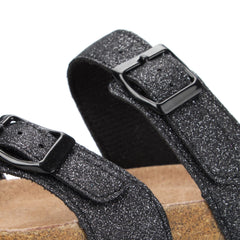 Glittery Cork Footbed Slip On Double Buckle Sandals - MYSOFT