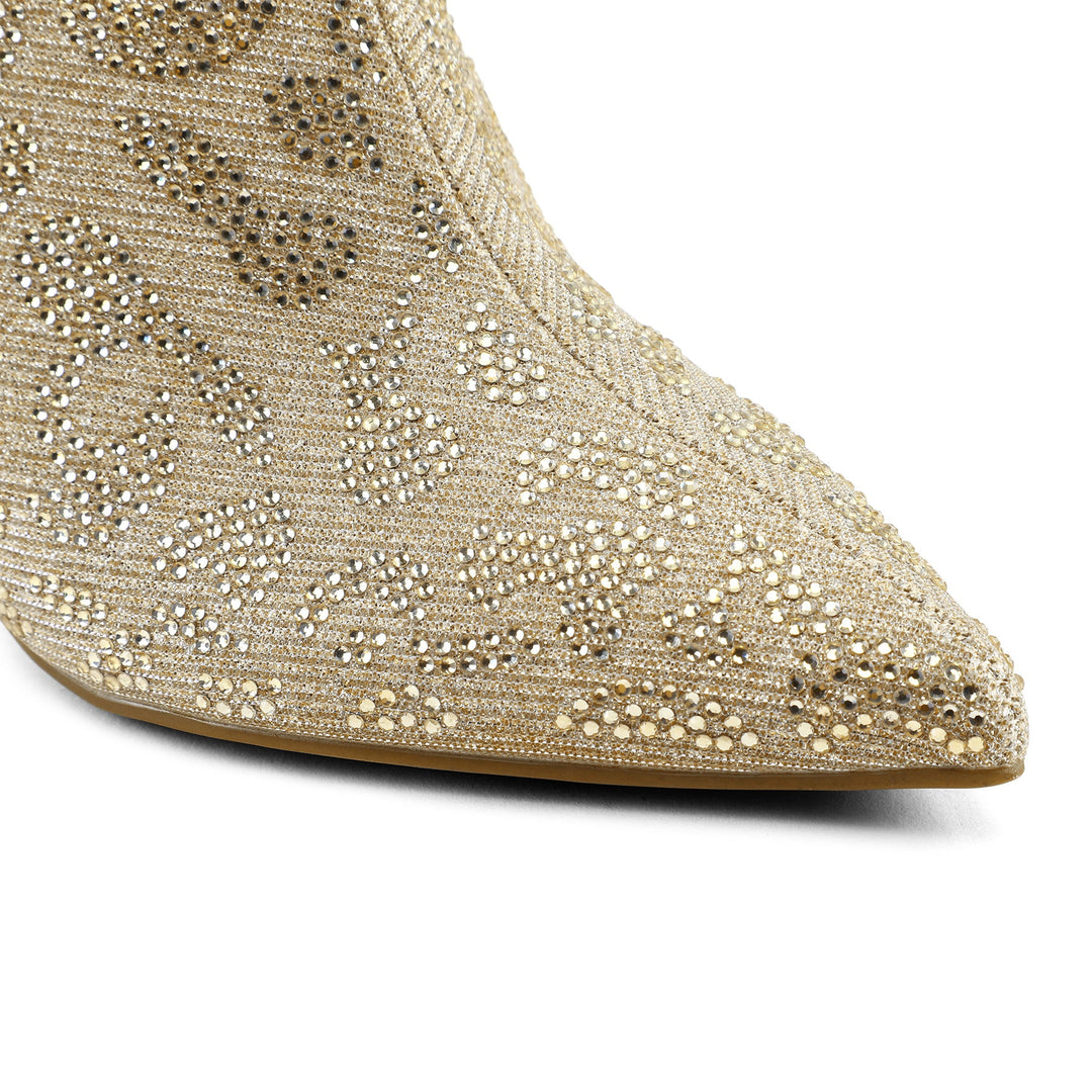 Mysoft Gold Rhinestone Stiletto Heel Ankle Boots