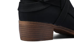 Leather Block Heel Ankle Boots with Buckle - MYSOFT