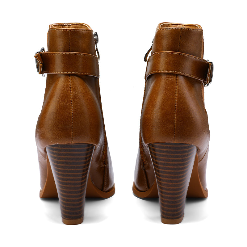 Side Zip Adjustable Buckle Stack Heel Ankle Boots - MYSOFT