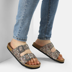 Glittery Cork Footbed Adjustable Buckle Sandals - MYSOFT