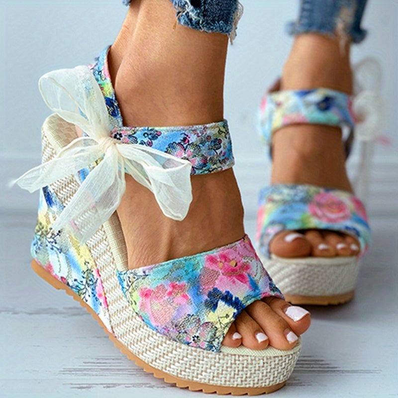 Mysoft Floral Print Bowknot Strap Peep Toe Platform Wedge Sandals