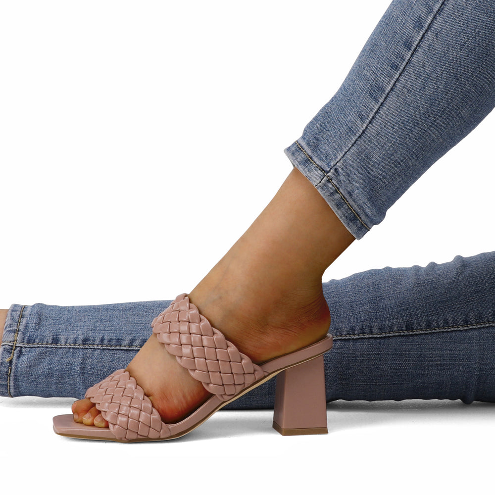Two Webbing Strap Square Toe Block Heel Sandals - MYSOFT