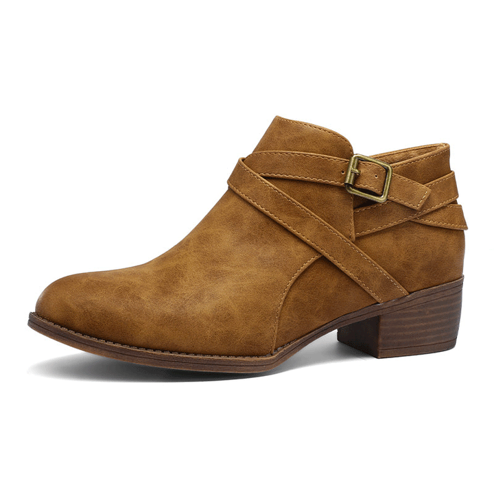 Leather Block Heel Ankle Boots with Buckle - MYSOFT