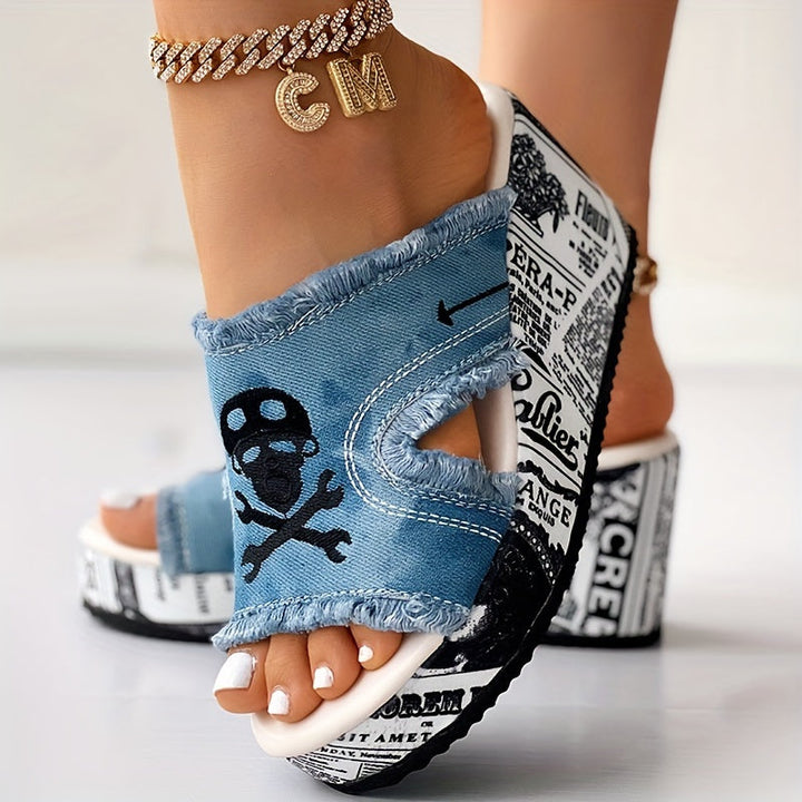 Mysoft Denim & Letter Design Slip-on Platform Wedges Sandals