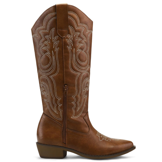 Embroidered Western Knee High Brown Cowboy Boots