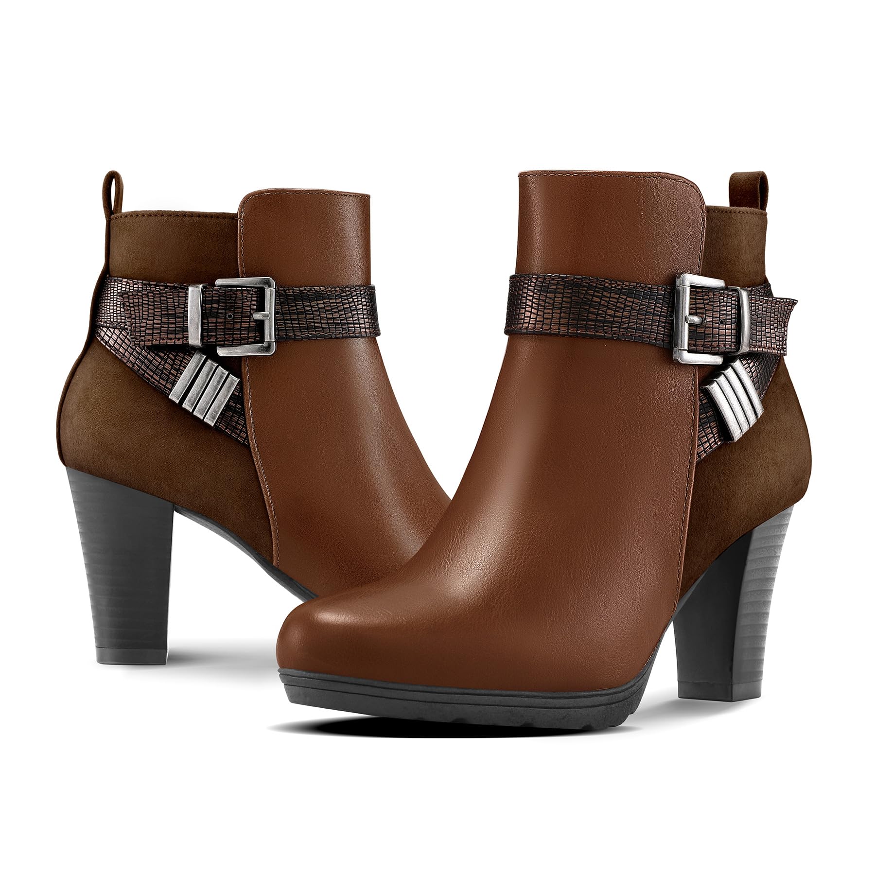 Wide Width Chunky Heel Ankle Strap Boots Brown