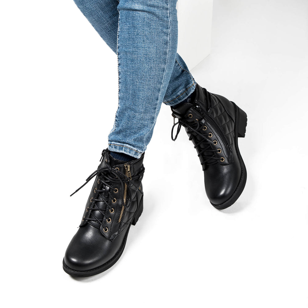 Black Lace-Up Side Zip Leather Combat Boots - MYSOFT