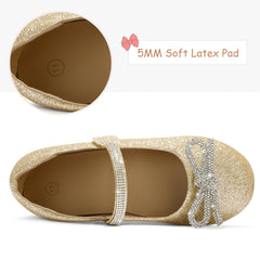 Kids Dress Shoes-Gold Glitter Mary Janes with Diamond Bow
