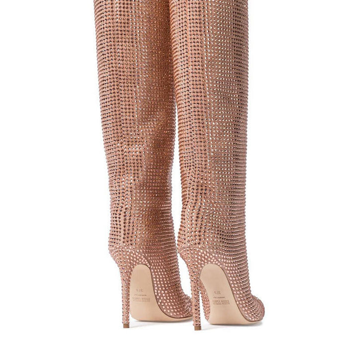 Mysoft Rhinestone Stiletto Wide Calf Knee High Boots Pink