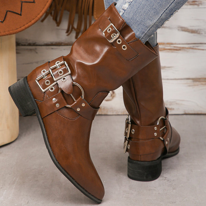 Mysoft Pointed Toe Buckle Western Boots Moto Boots
