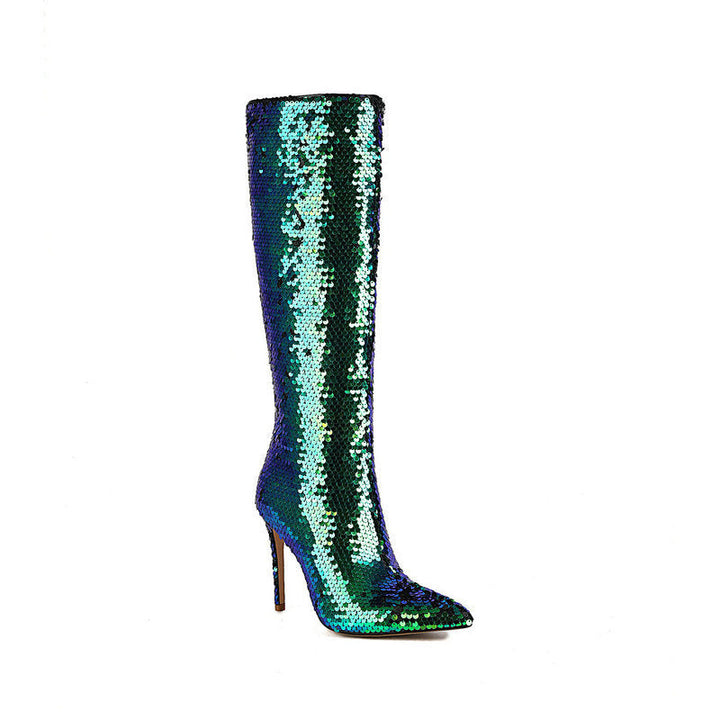 Mysoft Sexy Party Sequins Knee High Boots Polarized Color
