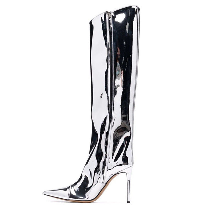 Mysoft Mirror Patent Leather Wide Calf Knee High Boots Classic