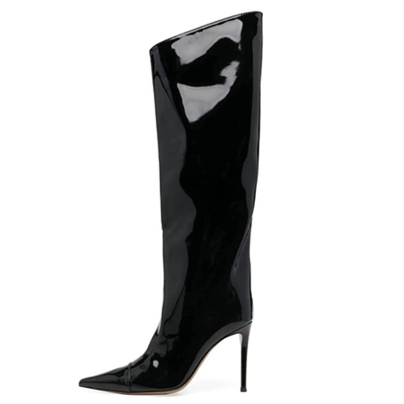 Mysoft Mirror Patent Leather Wide Calf Knee High Boots Classic
