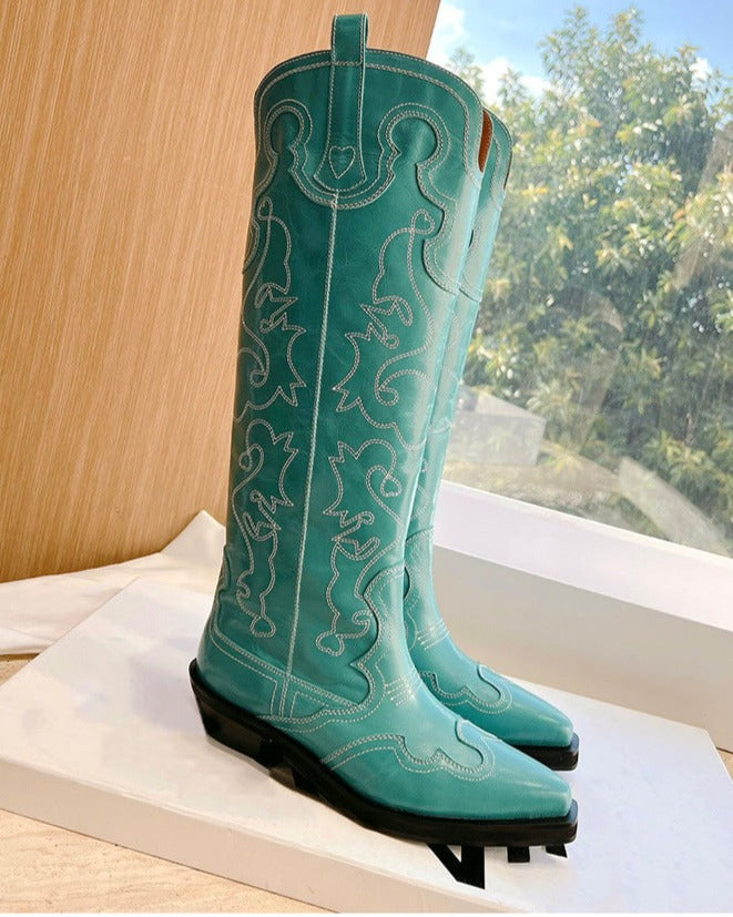 Mysoft Pointed Toe V-mouth Cavalier Boots Retro Cowboy Boots Blue