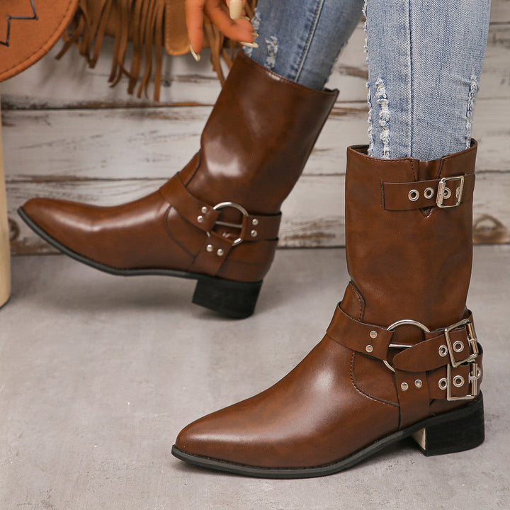Mysoft Pointed Toe Buckle Western Boots Moto Boots