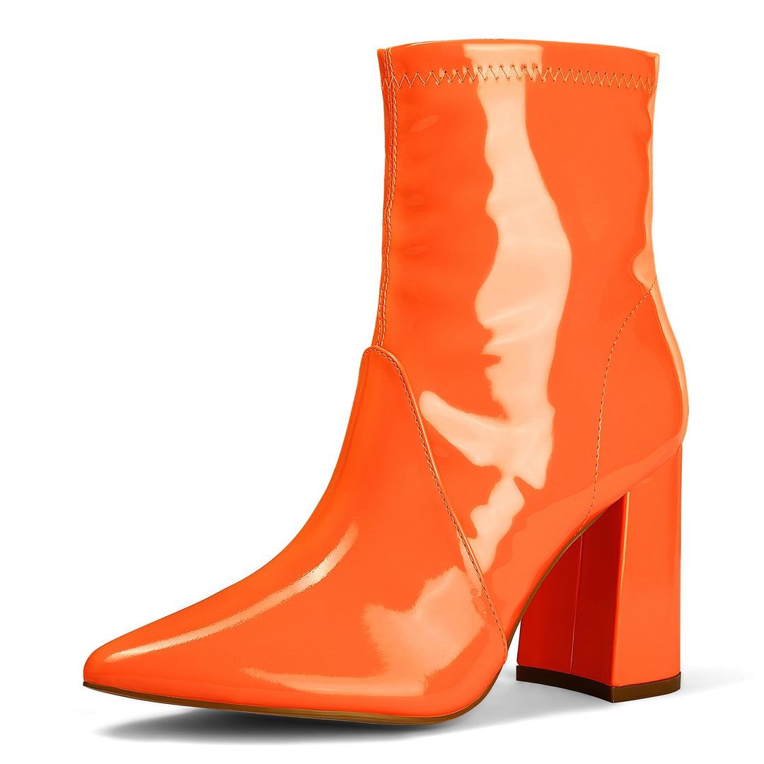 Patent Leather Pointed Toe Block Heel Boots Bright Color