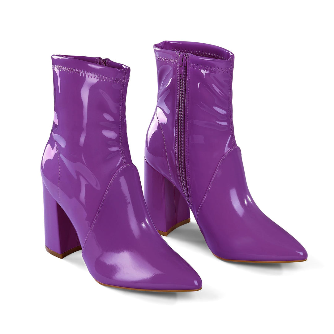 Patent Leather Pointed Toe Block Heel Boots Bright Color