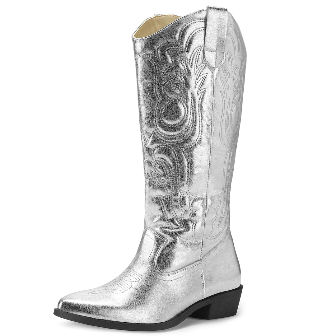 Embroidered Western Knee High Silver Cowboy Boots