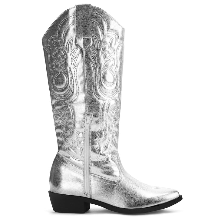 Embroidered Western Knee High Silver Cowboy Boots