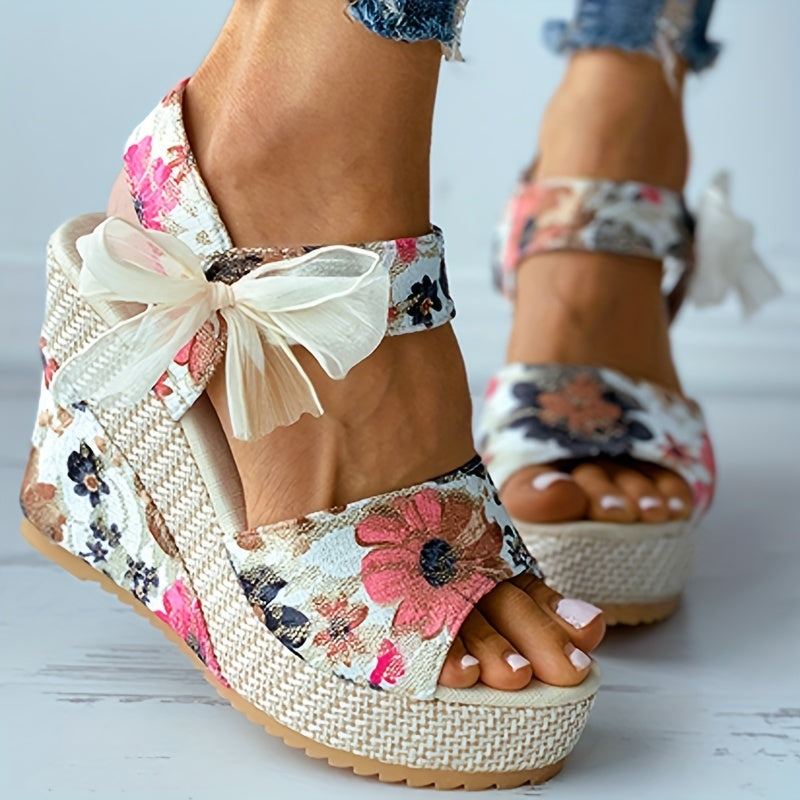 Mysoft Floral Print Bowknot Strap Peep Toe Platform Wedge Sandals