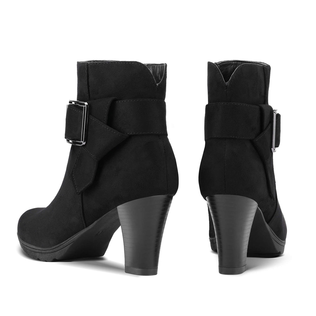 Block Heel Ankle Boots with Square Buckle Strap - MYSOFT
